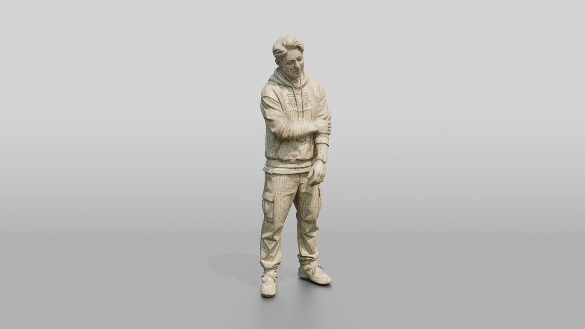 Asian Man Leaning with Arms Folded - wireframe topology preview