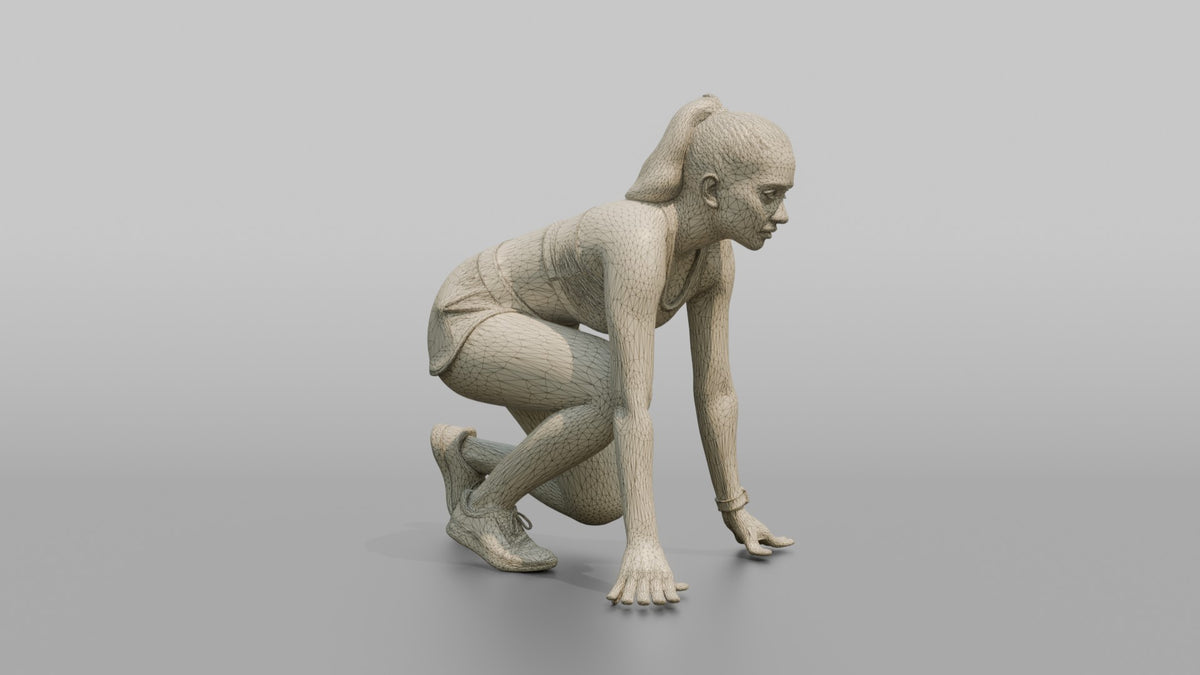 Cardio Athlete Woman In A Starting Sprinter's Crouch - wireframe topology preview