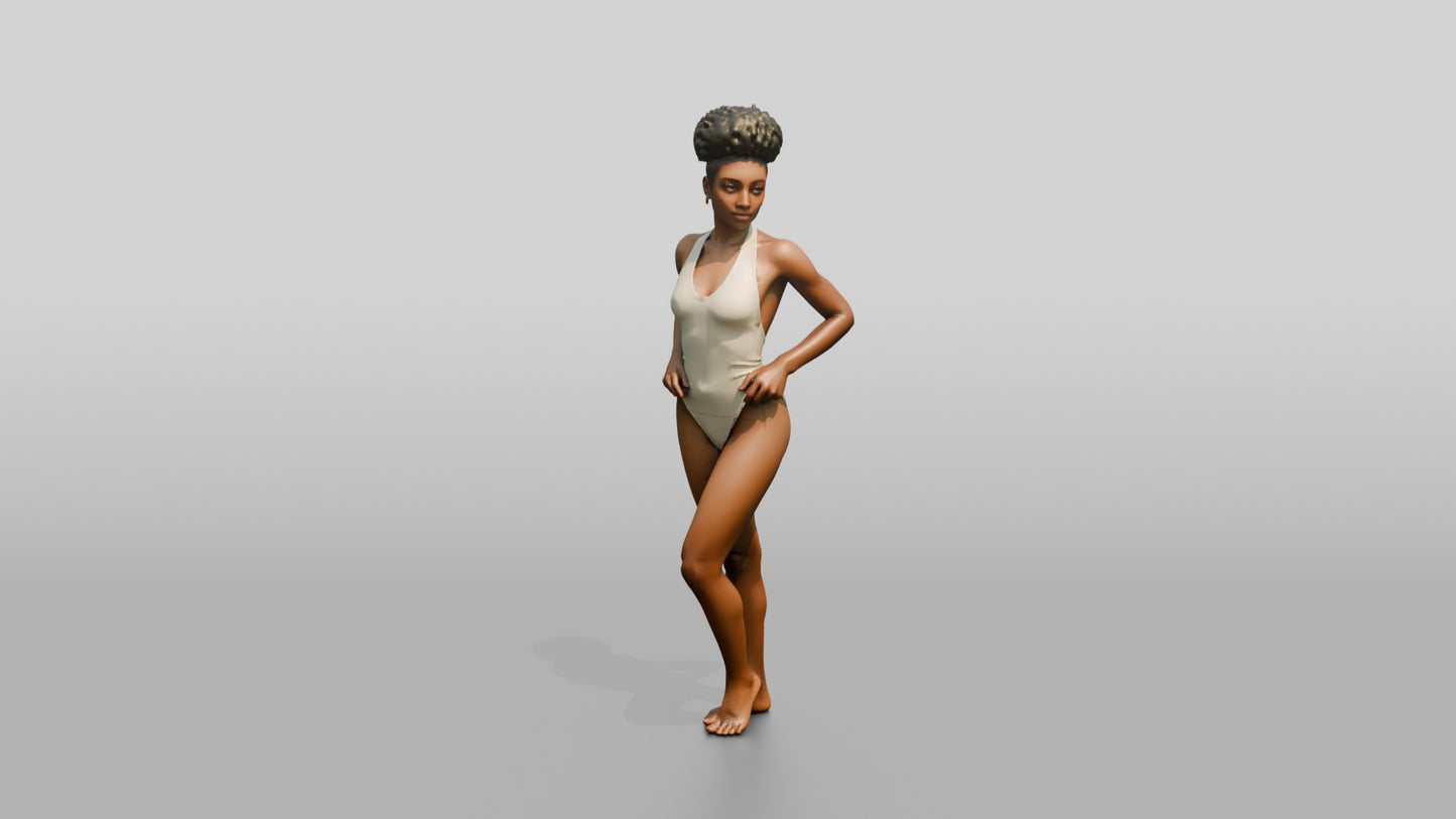 Black Woman in Ivory One-Piece Swimsuit Hand on Hip
