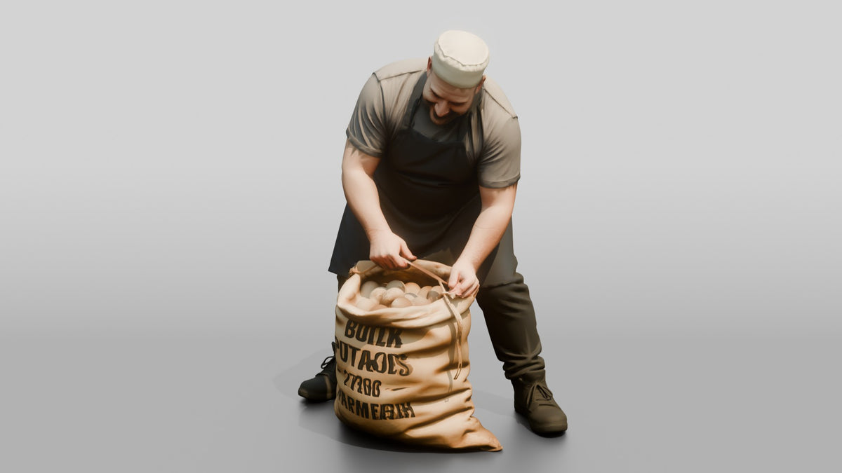 Prep Cook Opening a Sack of Potatoes - 3D character model, view 4