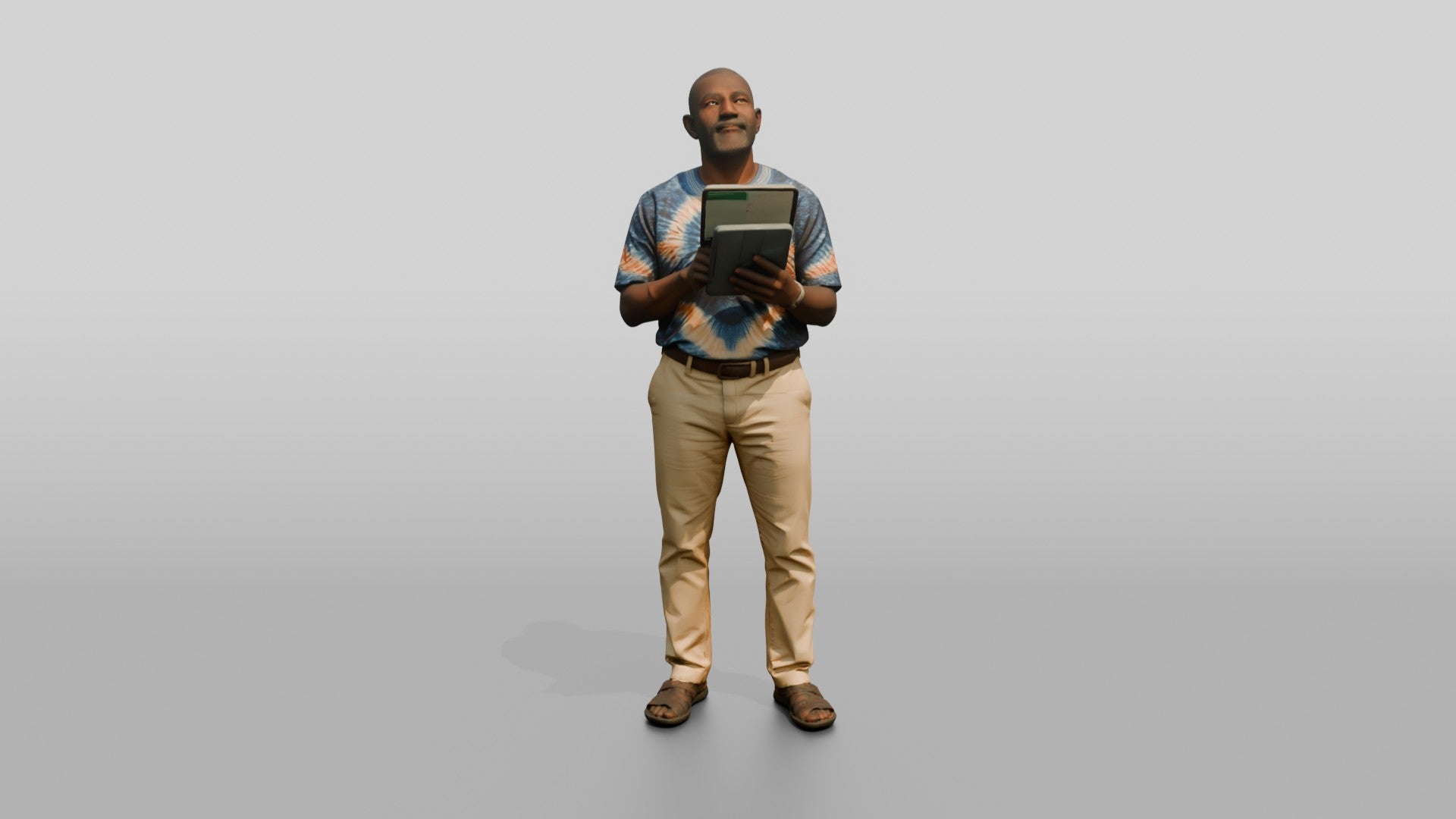 Elderly African Man Holding a Tablet Looking Up