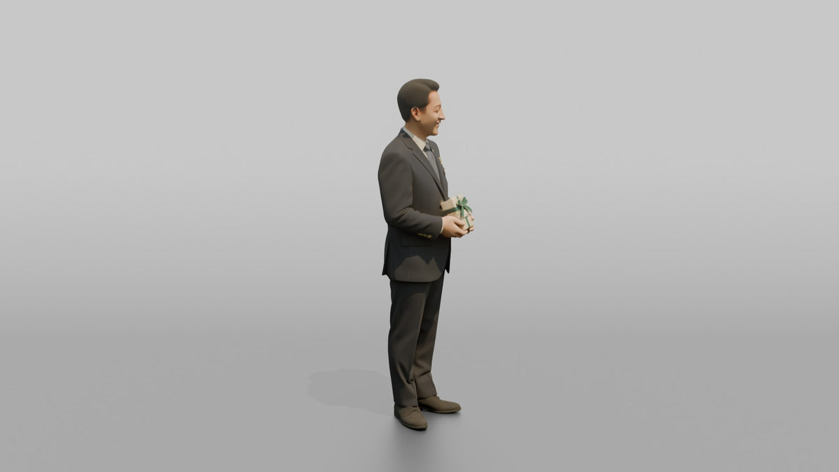 Concierge Woman Holding A Small Gift-wrapped Welcome Package - 3D character model, view 2