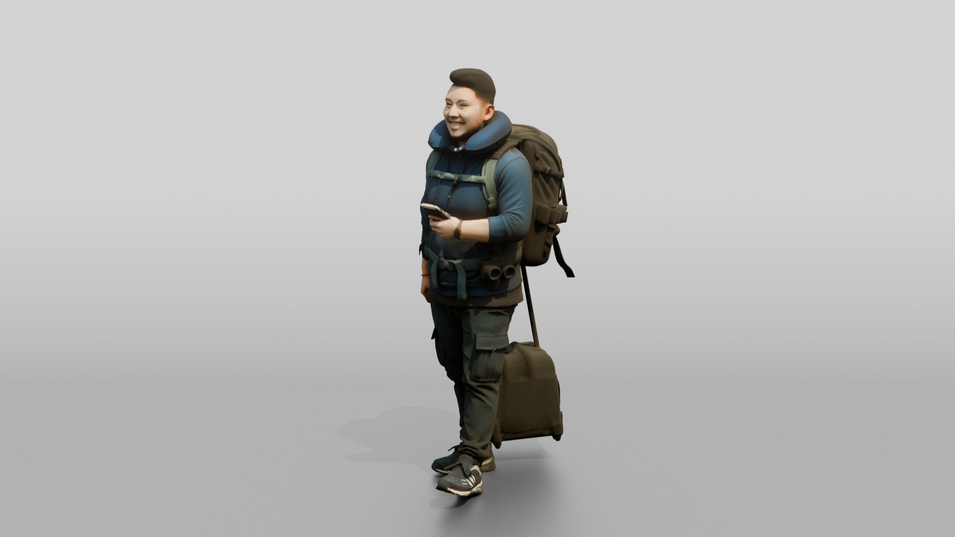 Plus-Size Asian Man with Travel Pillow Backpack and Luggage