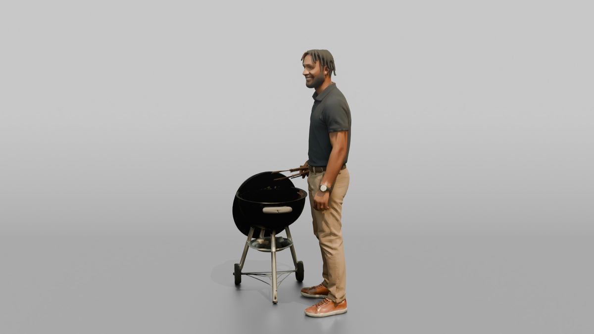Father Holding Barbecue Tongs, Standing Beside A Grill - 3D character model, view 4