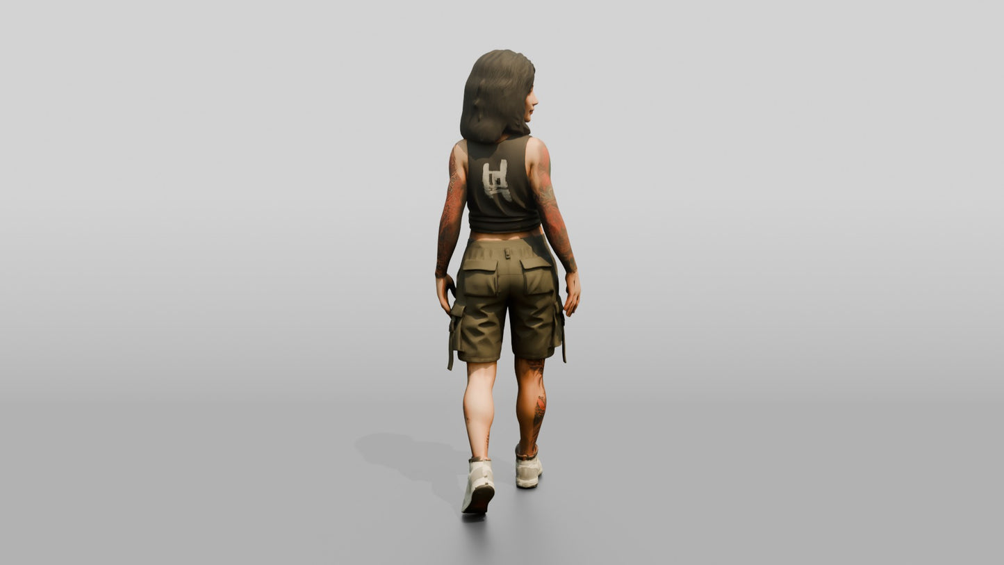 Tattooed Woman Walking in Cargo Shorts and Tank Top