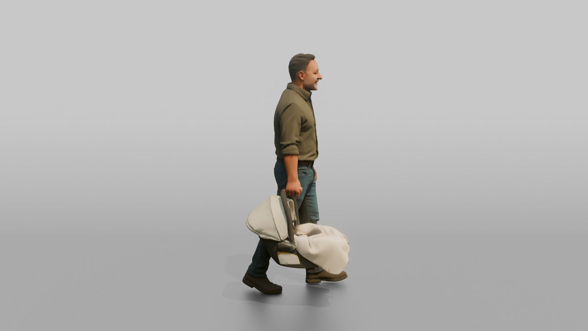 Father Carrying A Car Seat By Its Handle At His Side - 3D character model, view 2