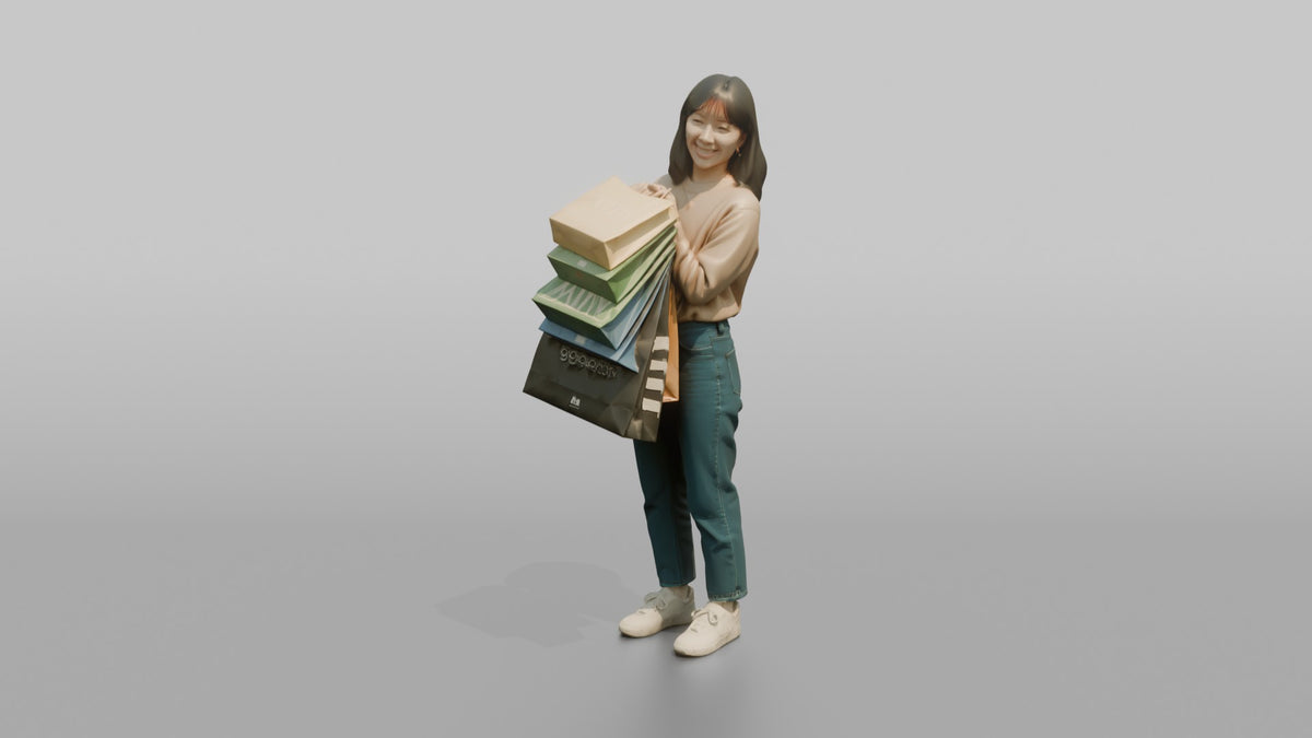 Woman Customer Holding Several Shopping Bags Stacked On One Arm - 3D character model, view 5