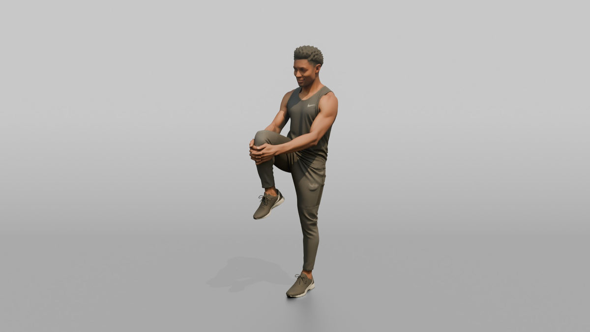 Fitness Influencer Man Doing A Standing Knee-to-chest Stretch - 3D character model, view 4