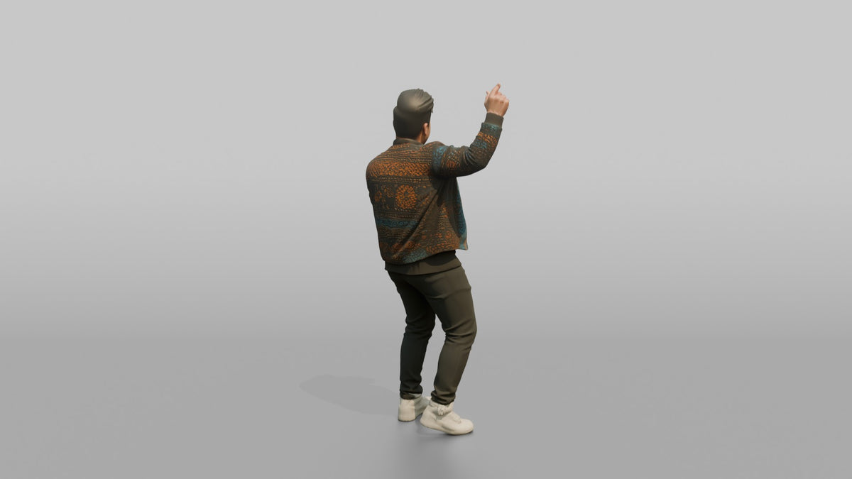 Patron Man Wearing A Vibrant Patterned Bomber Jacket, Hyped Pose - 3D character model, view 3