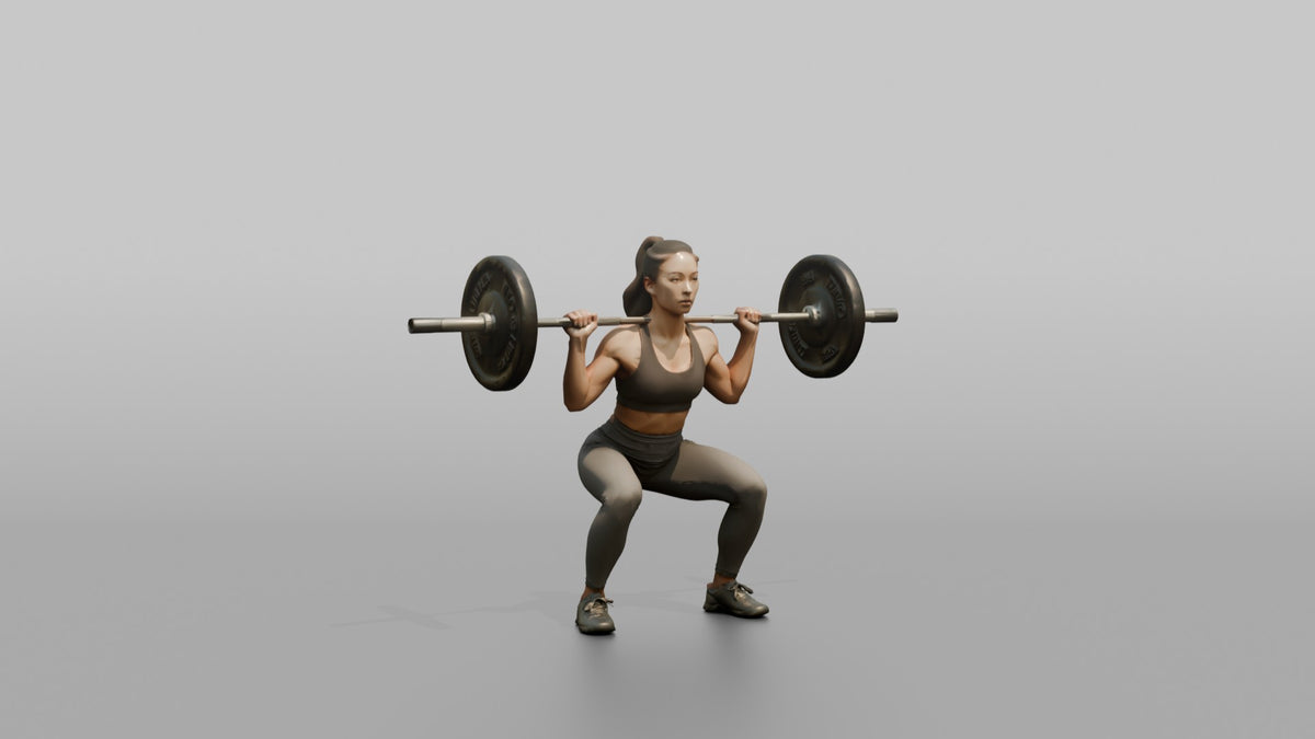 Weightlifter Woman Holding A Barbell Across The Shoulders In A Squat Stance - 3D character model