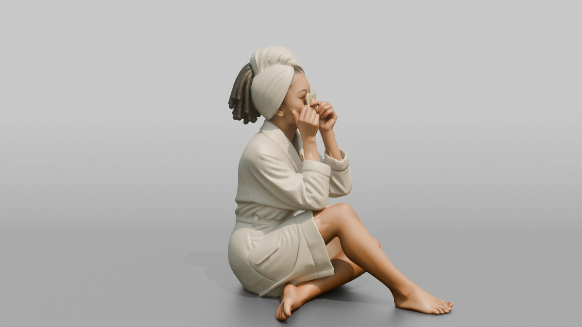 Spa Client Woman Sitting With Cucumber Slices Held Over Closed Eyes - 3D character model, view 2