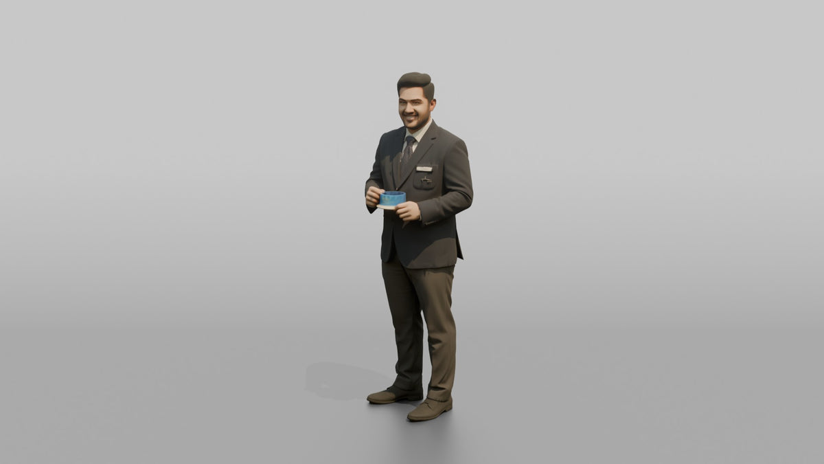 Receptionist Man Presenting A Room Key Card With Both Hands - 3D character model, view 4