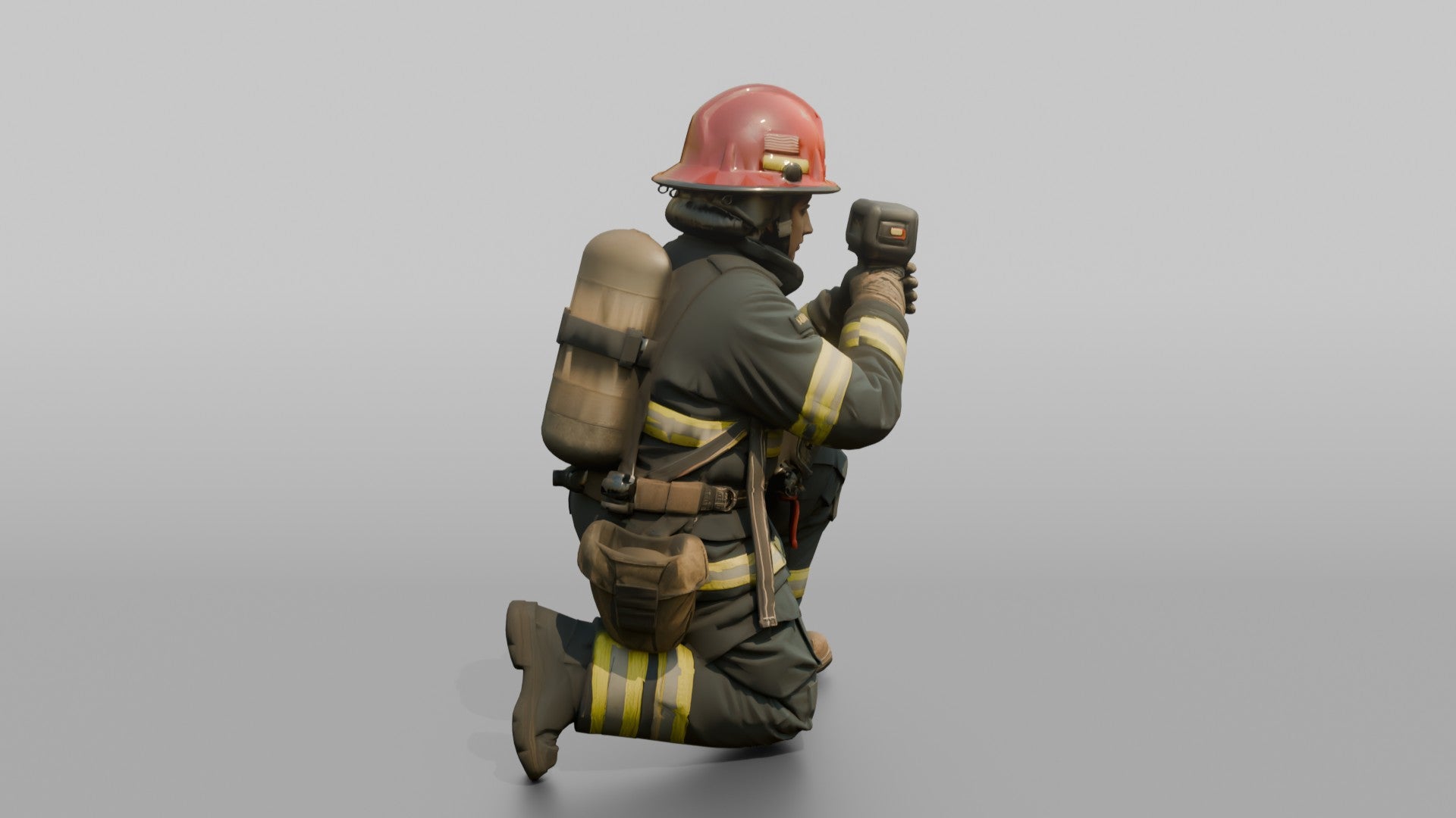 Firefighter Woman Crouching While Scanning Ahead with a Handheld Thermal Imaging Camera