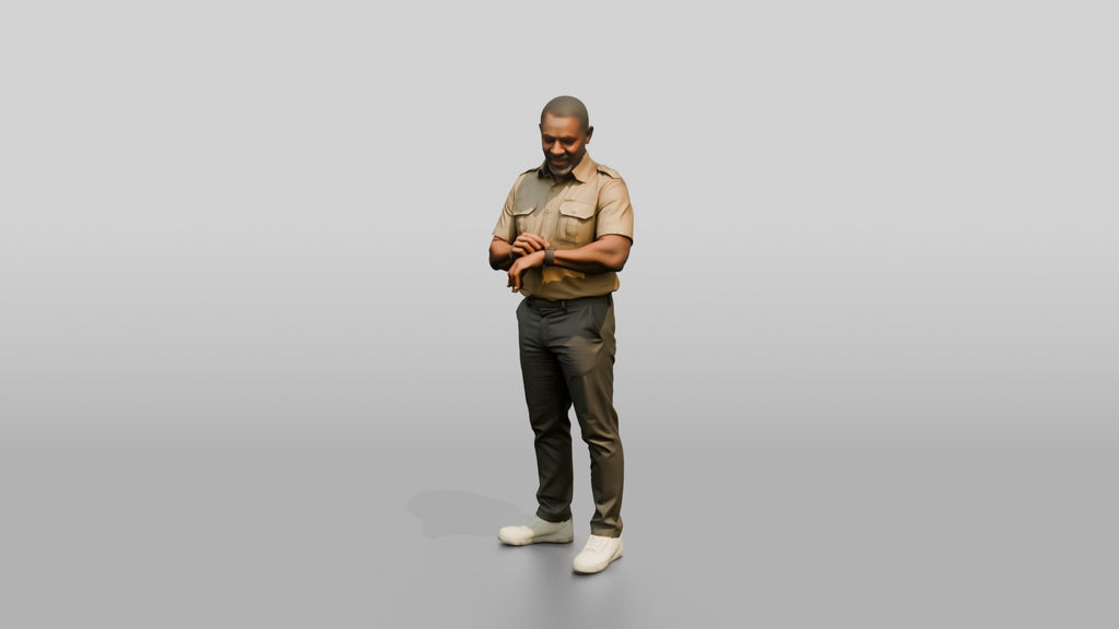 African Man in a Safari Shirt Adjusting His Smartwatch
