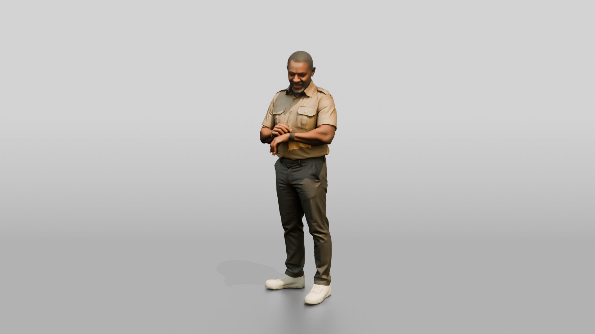 African Man in a Safari Shirt Adjusting His Smartwatch