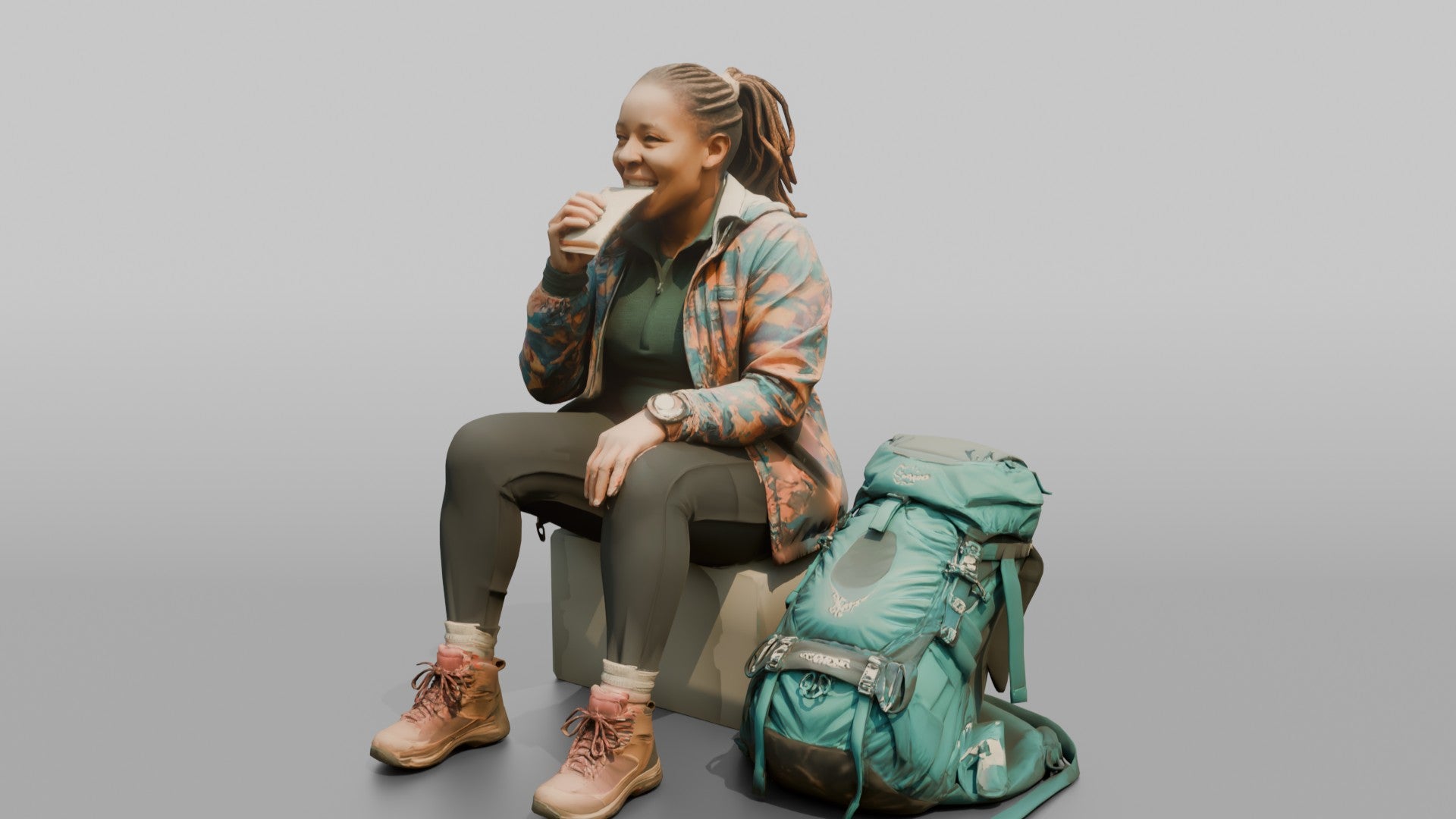 Hiker Sitting and Eating an Energy Bar