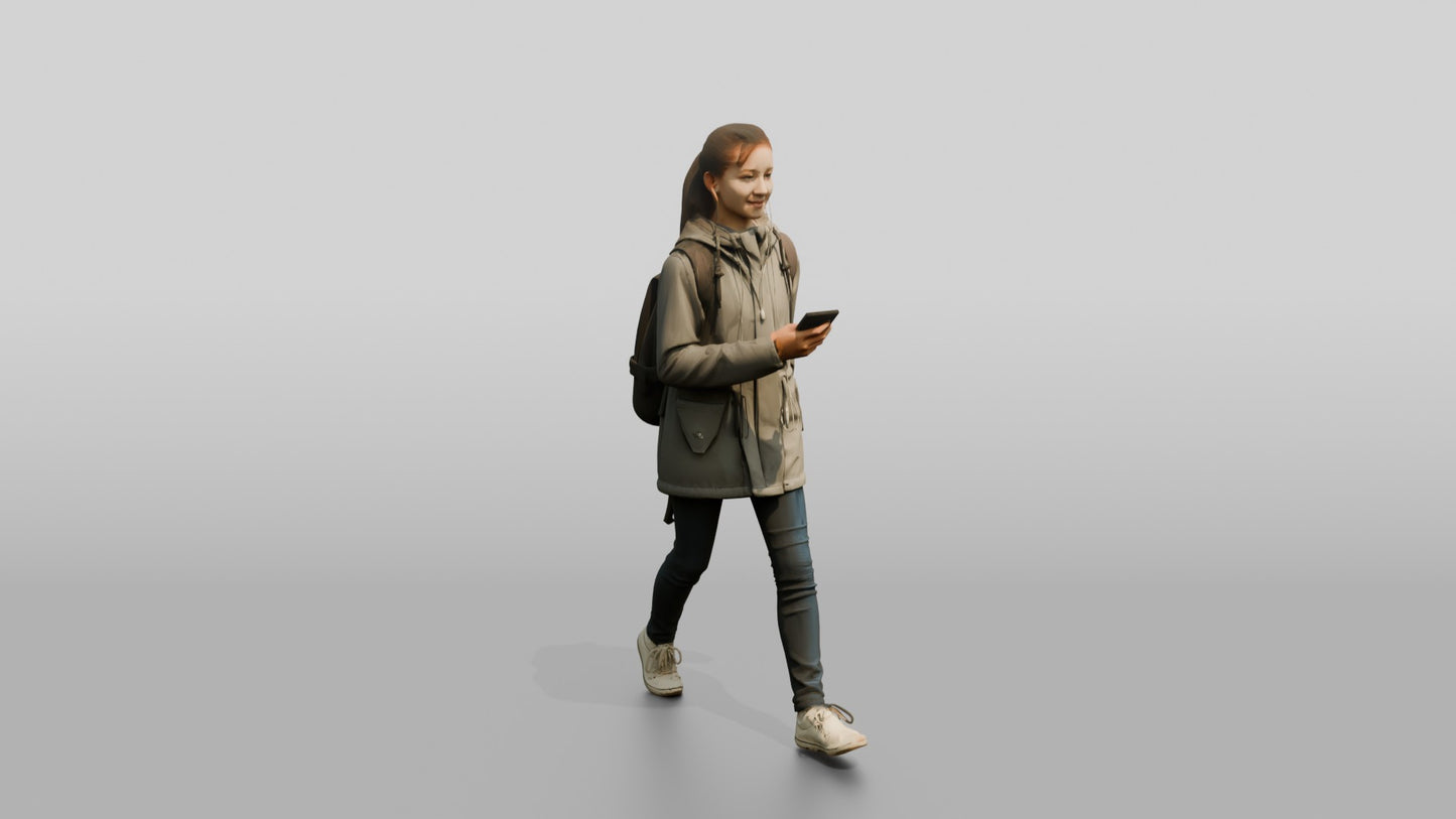 White Teen Girl Listening to Music in Grey Raincoat