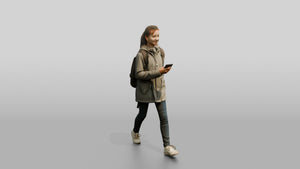 White Teen Girl Listening to Music in Grey Raincoat - 3D character model, view 1