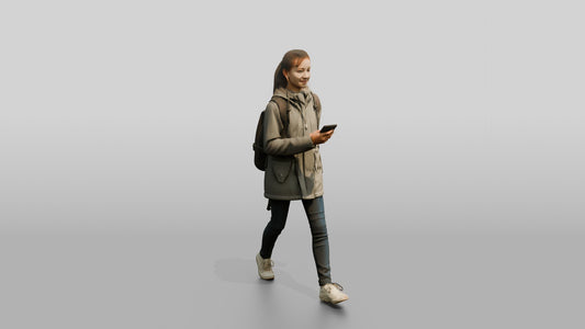 White Teen Girl Listening to Music in Grey Raincoat - 3D character model, view 1