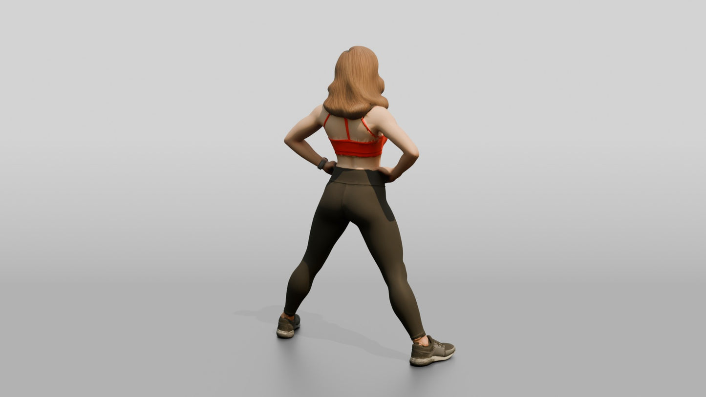 Blonde Woman in Red Sports Bra Wide Stance