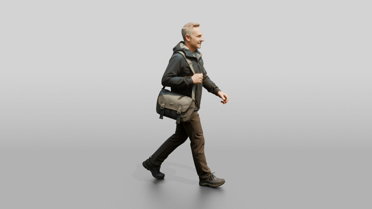 White Man Briskly Walking in Blue Rain Jacket - 3D character model, view 2