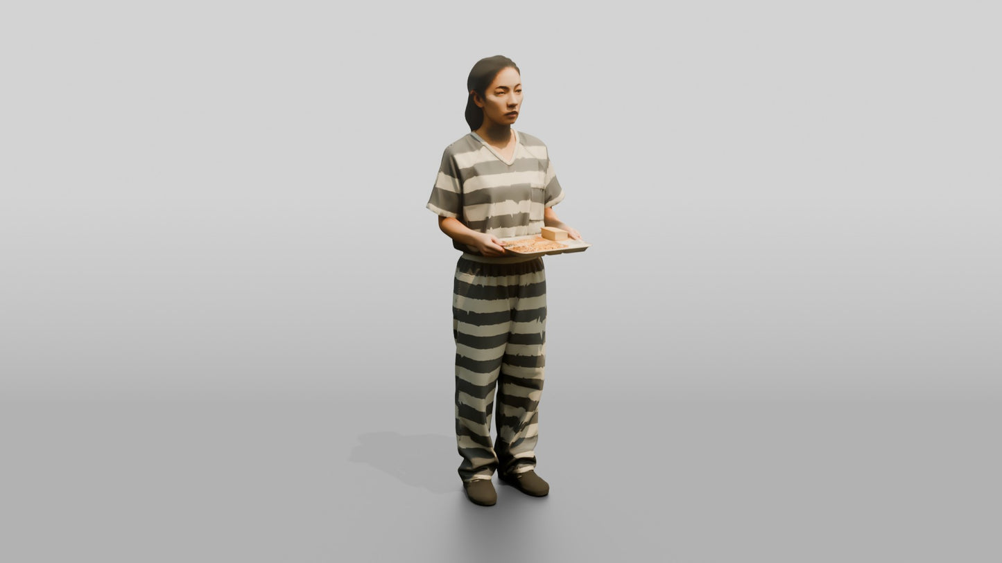 East Asian Female Prisoner in a Grey-white Striped Uniform