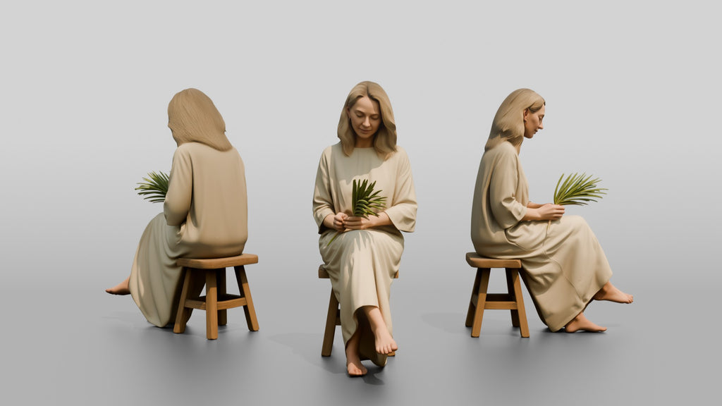 Woman Holding a Palm Leaf on a Chair