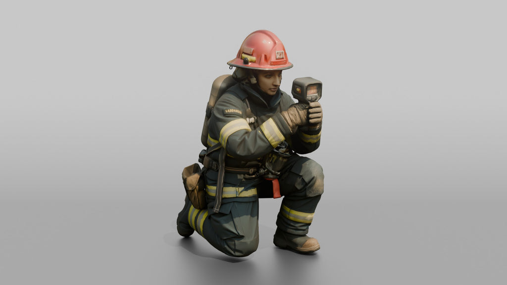 Firefighter Woman Crouching While Scanning Ahead with a Handheld Thermal Imaging Camera