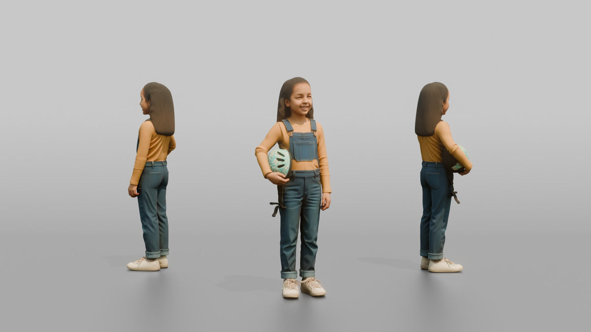 Daughter Carrying A Small Bicycle Helmet Under One Arm - 3D character model, view 1