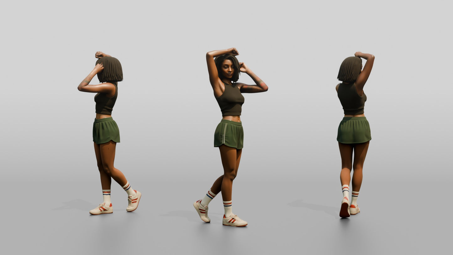 Woman Posing with Hands in Hair in Green Skort