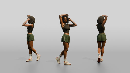 Woman Posing with Hands in Hair in Green Skort