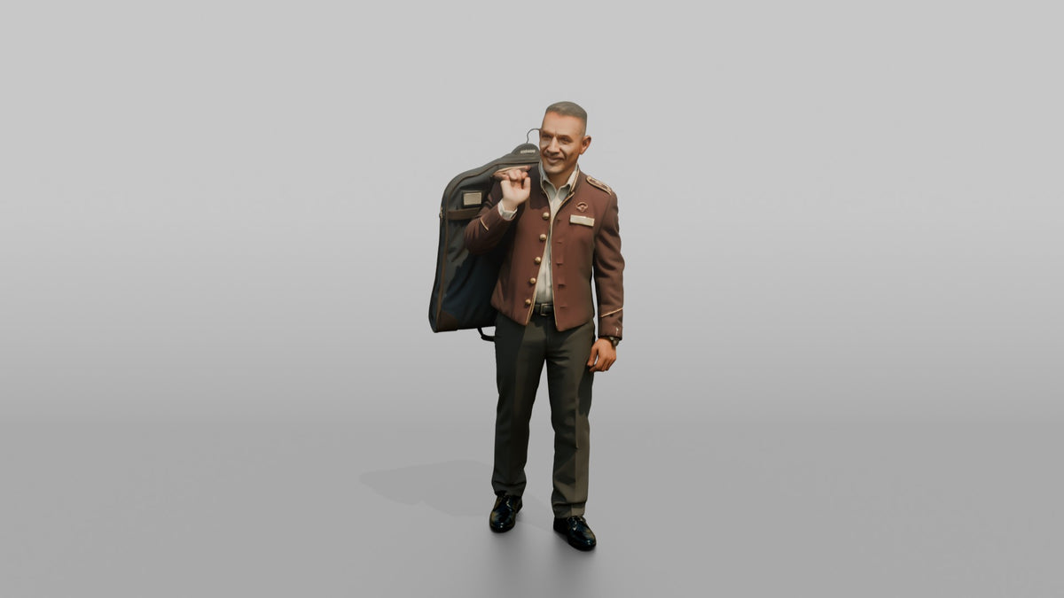 Bellhop Man Carrying A Garment Bag Over One Shoulder - 3D character model, view 5