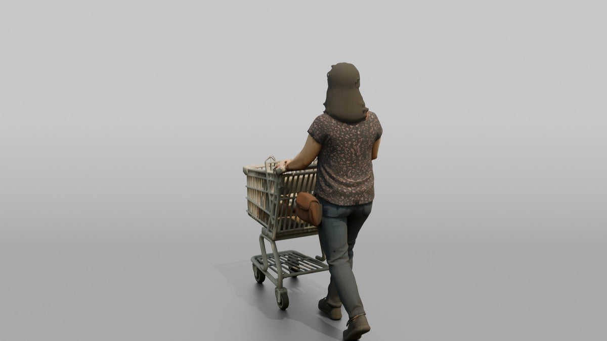Woman Customer Pushing A Shopping Cart With An Empty Child Seat - 3D character model, view 3