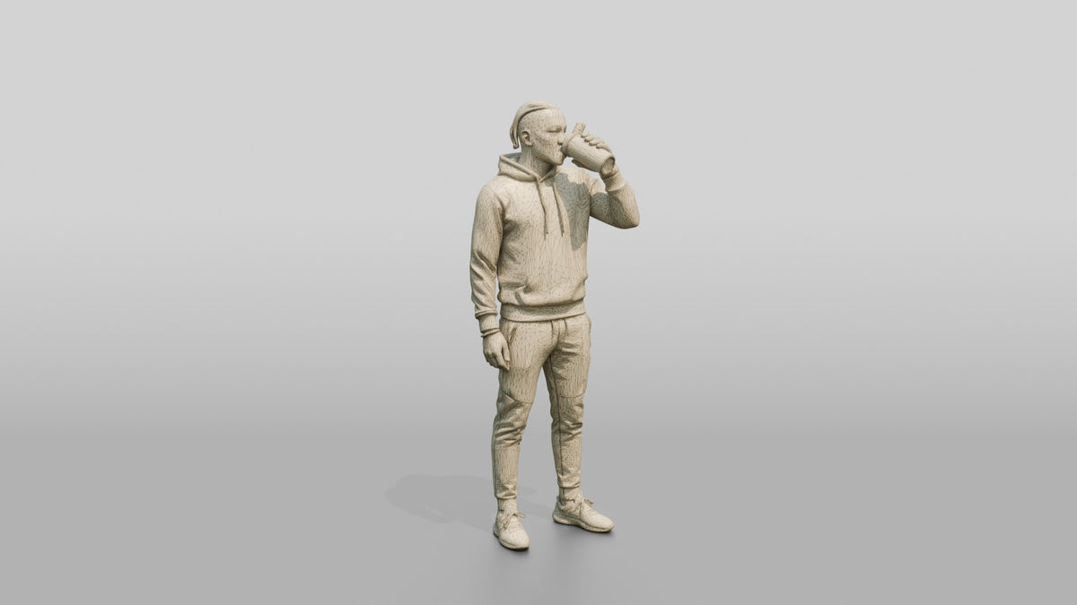 Athletic African Man Drinking Coffee in a Geometric Print Hoodie - wireframe topology preview