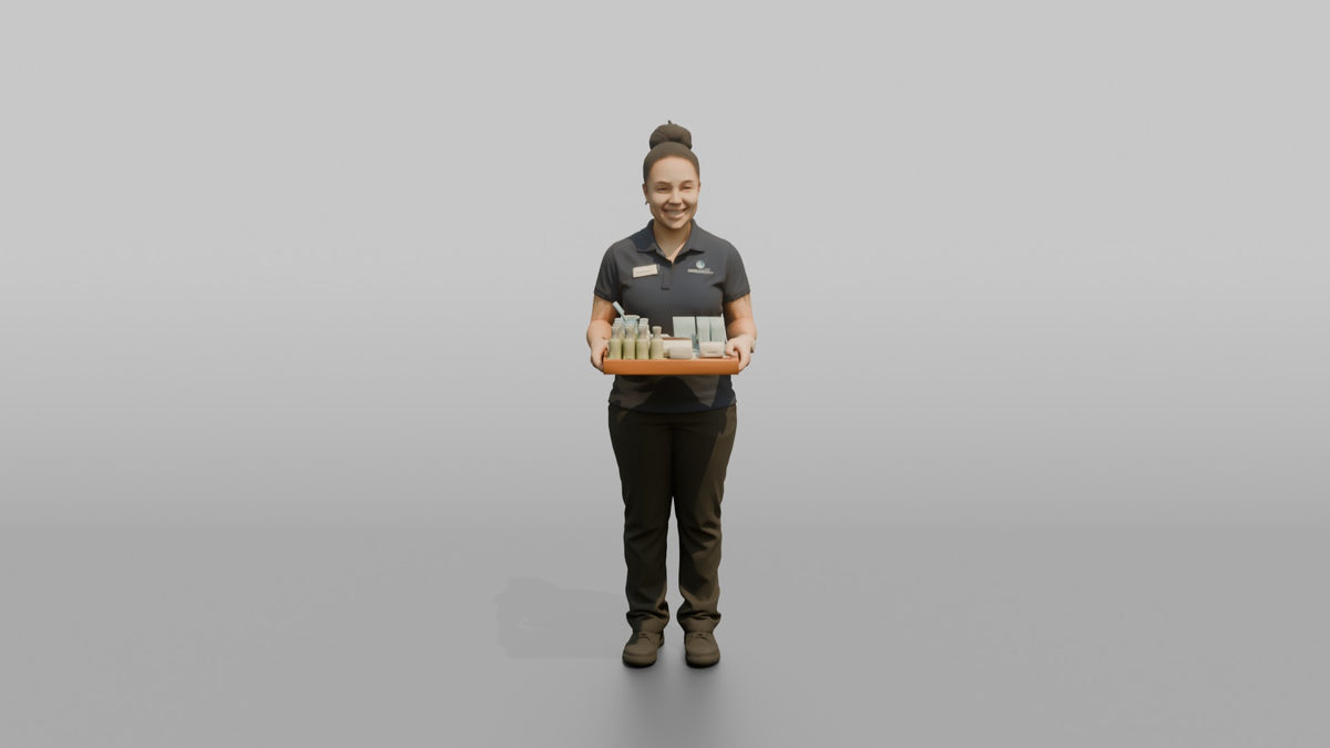 Housekeeping Staff Man Carrying A Tray Of Toiletries - 3D character model, view 5