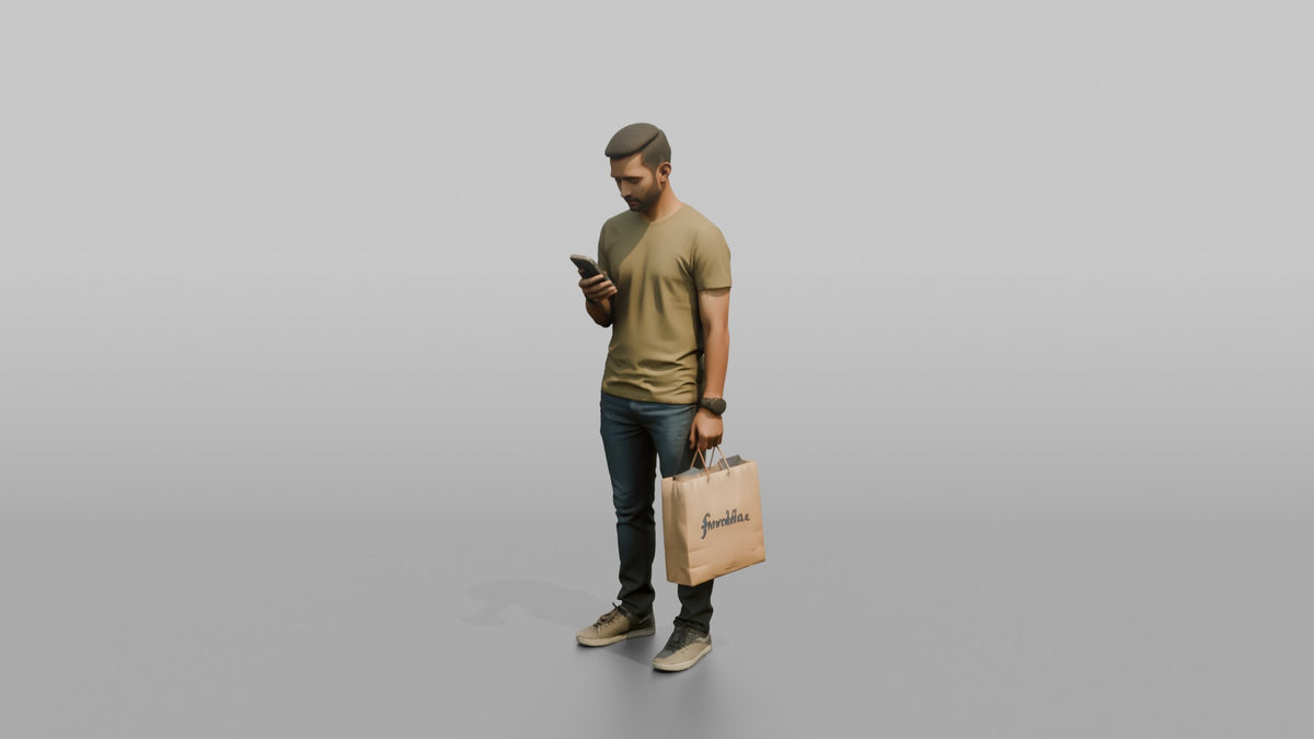 Man Customer Checking His Phone While Holding A Shopping Bag - 3D character model, view 4