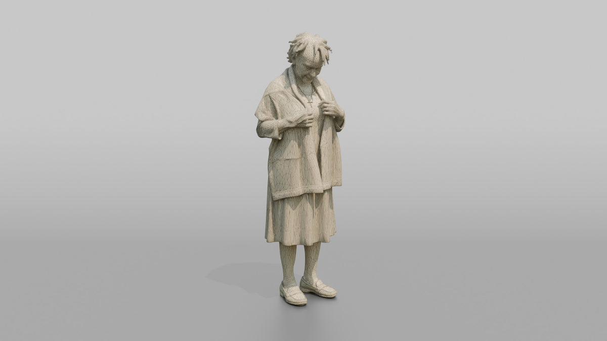 Grandmother Adjusting A Shawl Around Her Shoulders - wireframe topology preview