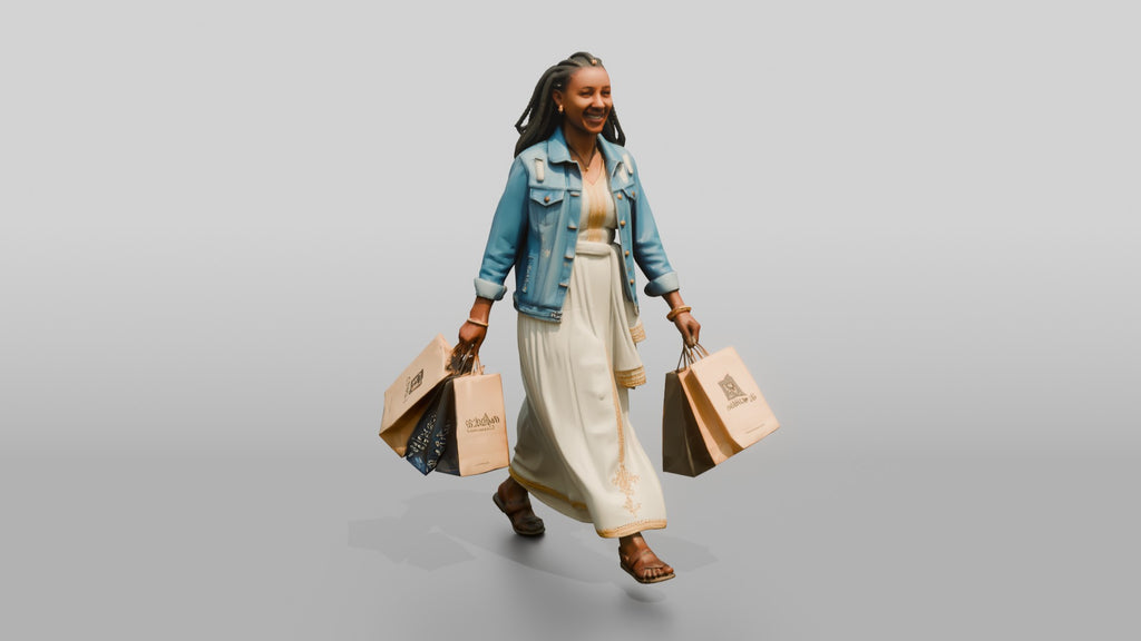 Slender African Woman in Denim Jacket Carrying Shopping Bags