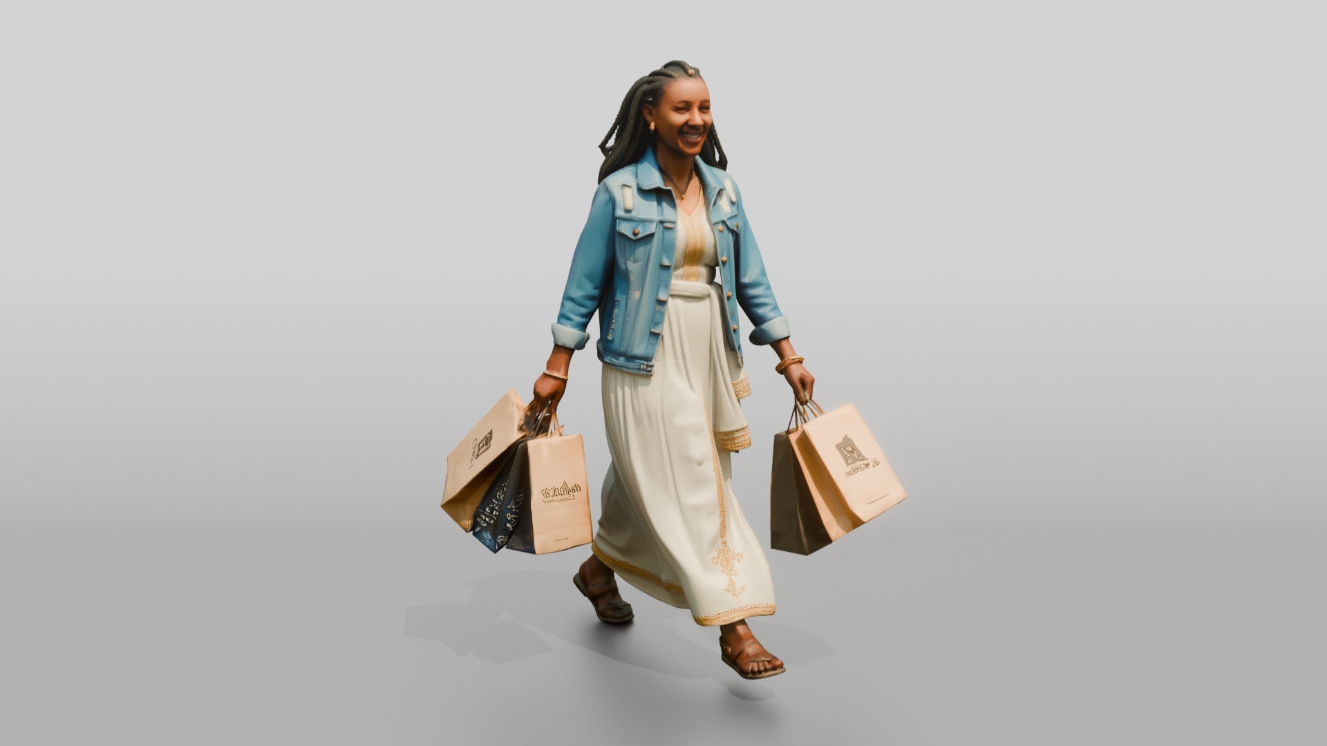 Slender African Woman in Denim Jacket Carrying Shopping Bags