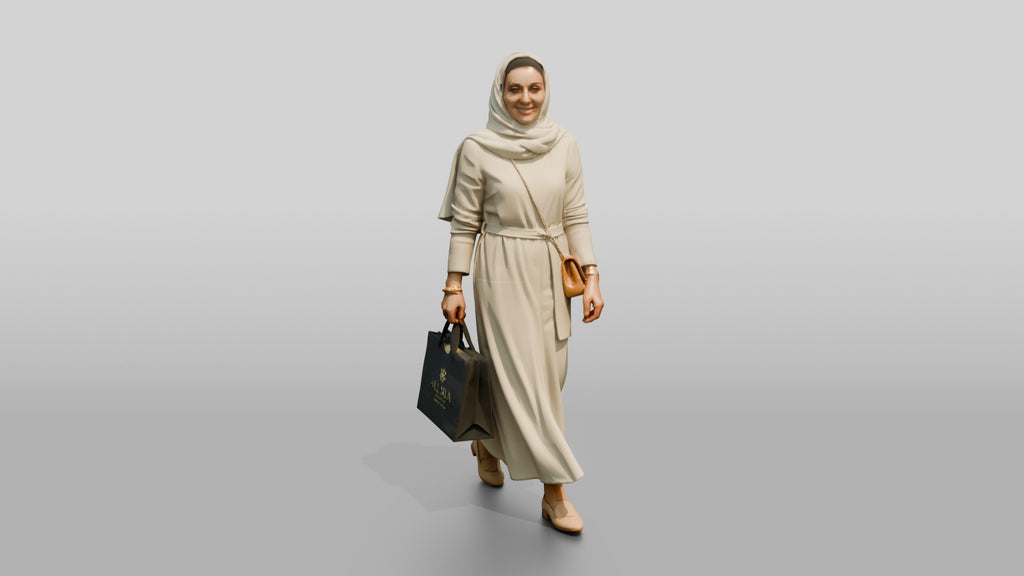 Slender Middle-Aged Saudi Woman in Hijab and Linen Dress