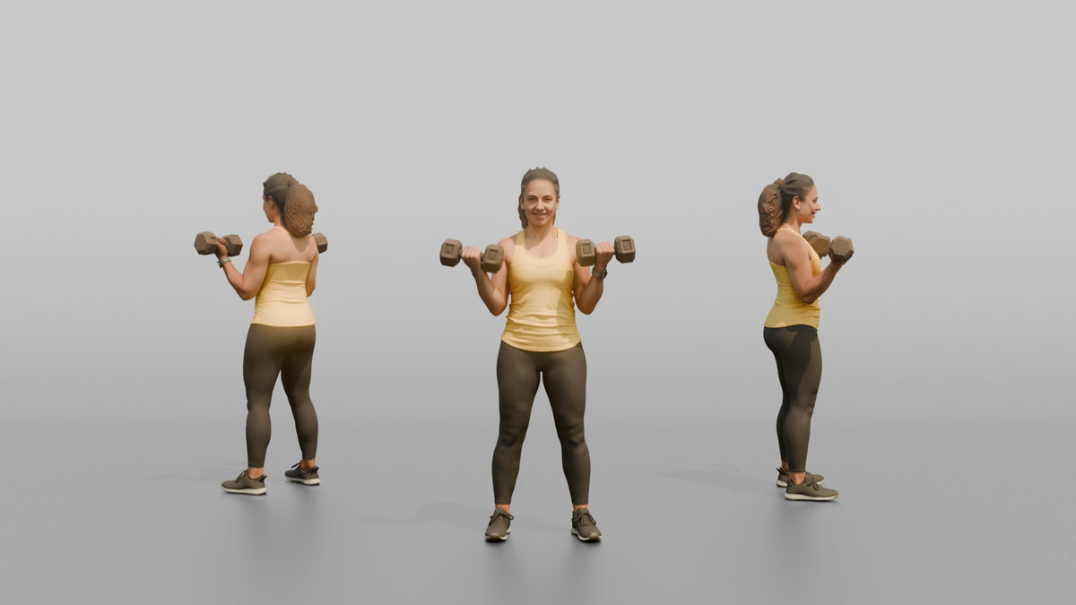 Weightlifter Woman Curling A Pair Of Dumbbells Simultaneously - 3D character model, view 1