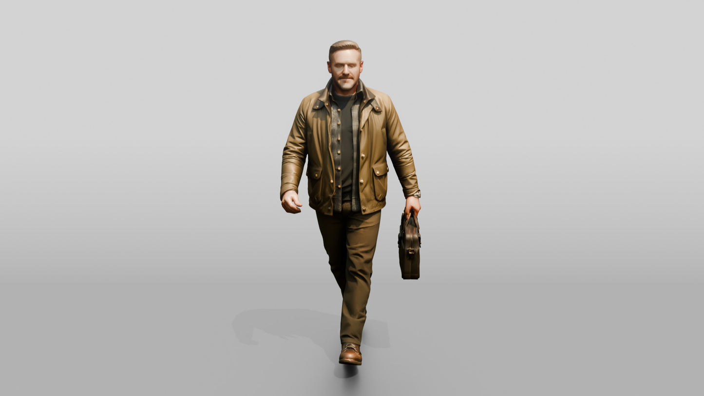 White Man Walking with a Briefcase in Waxed Jacket