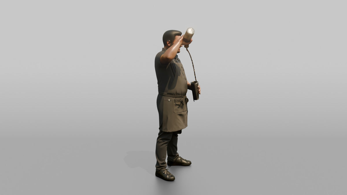 Bartender Man Holding A Bottle Up, Mid-pour - 3D character model, view 2
