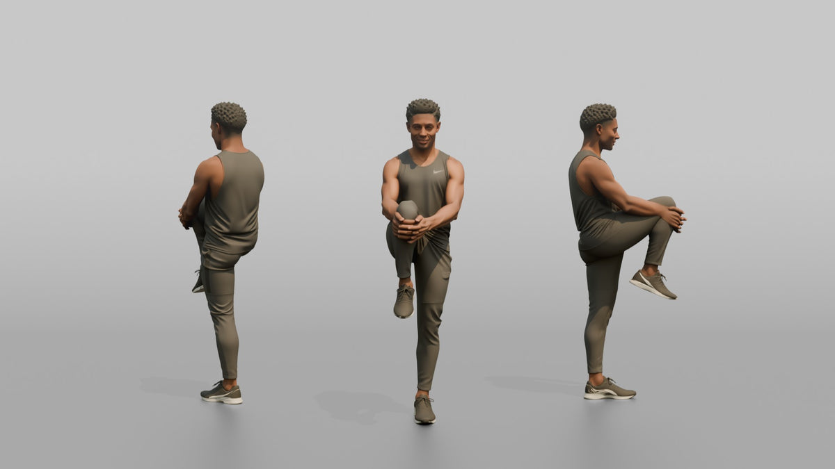 Fitness Influencer Man Doing A Standing Knee-to-chest Stretch - 3D character model, view 1