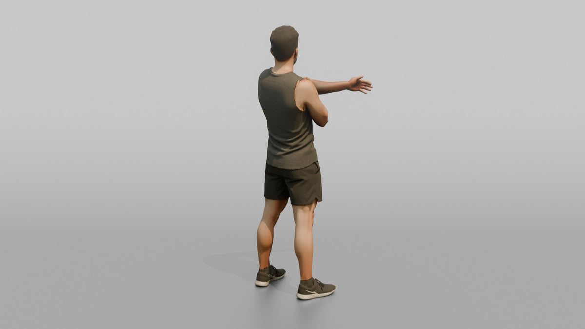 Fitness Influencer Man Stretching One Arm Across The Chest - 3D character model, view 3