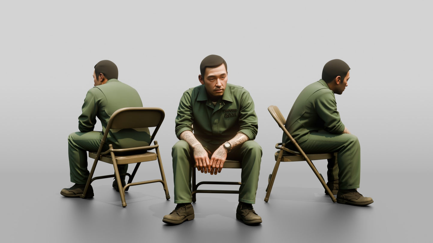 East Asian Male Prisoner in a Green Uniform