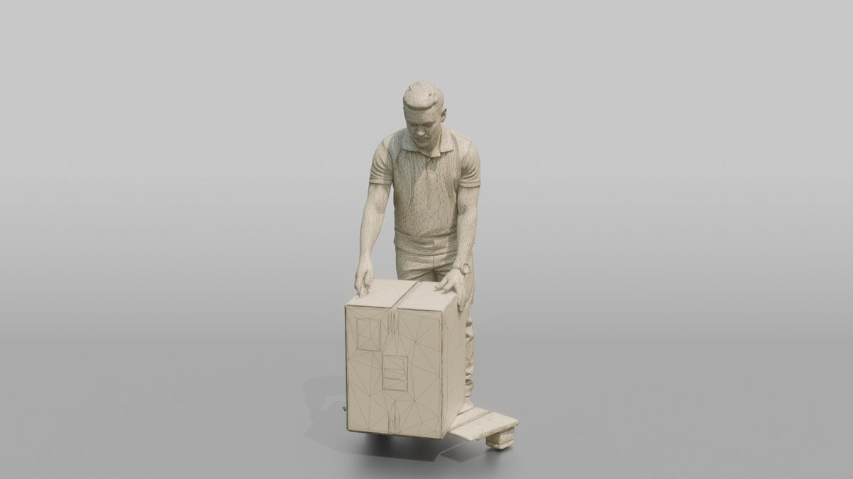Man Stock Clerk Unpacking A Cardboard Box With A Box Cutter - wireframe topology preview