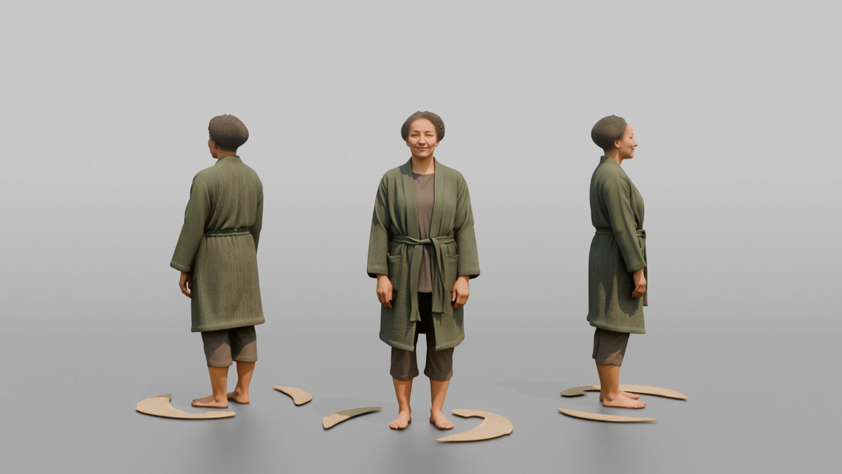 Spa Client Woman Standing Barefoot On A Mat, Arms At Sides, Calm Expression - 3D character model, view 1