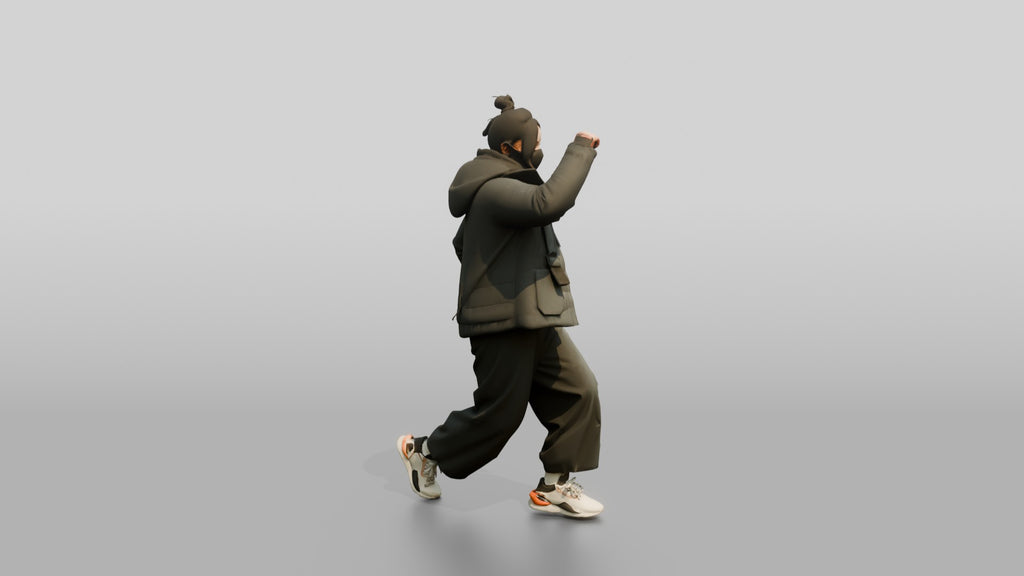 Techwear Woman in Puffer Jacket Mid-Stride