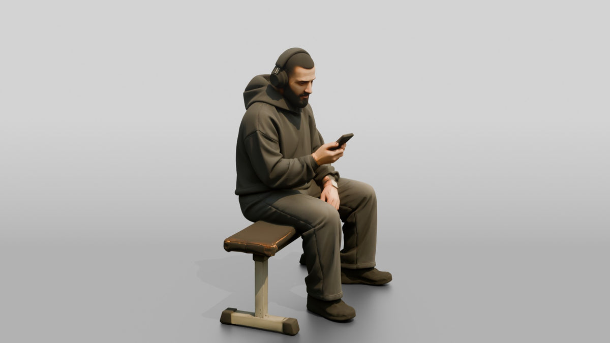 Man Sitting Upright on Weight Bench - 3D character model, view 2